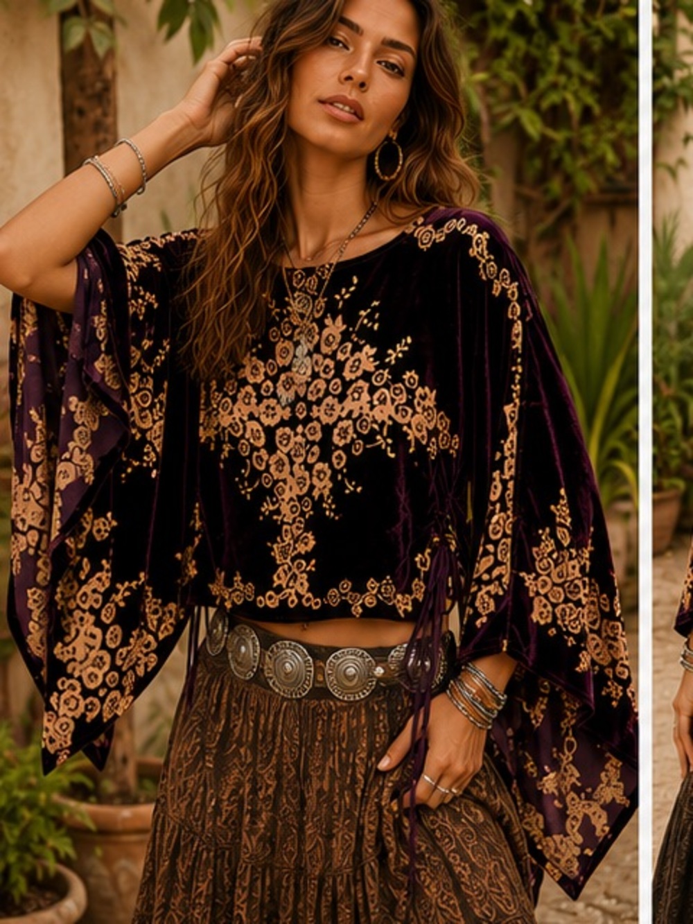Heidi Abra Silk Velvet Floral Kimono Wide Sleeves Embellished Top Purple OS